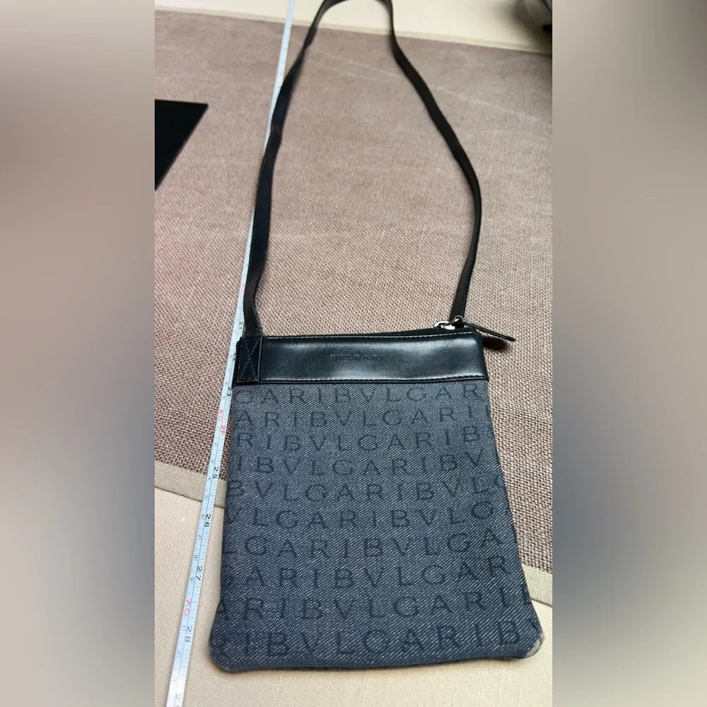 Bvlgari Logo Mania Mini Crossbody Navy Denim Canvas Black Leather Trim Authentic